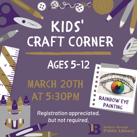 Kids' Craft Corner March 20th at 5:30pm Rainbow Eye Painting