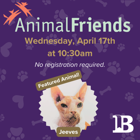 Animal Friends April 17th at 10:30am with Jeeves the Cat