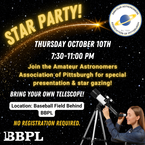 Star Party! October 10th at 7:30pm Bring your own telescope! No registration required.