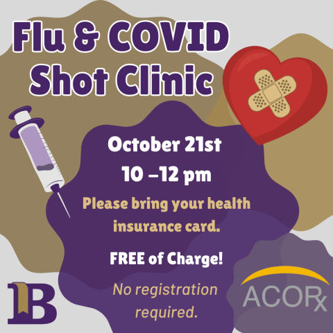 Flu & COVID Shot Clinic October 21st 10-12pm Please bring your insurance card. Free of Charge! No registration required.