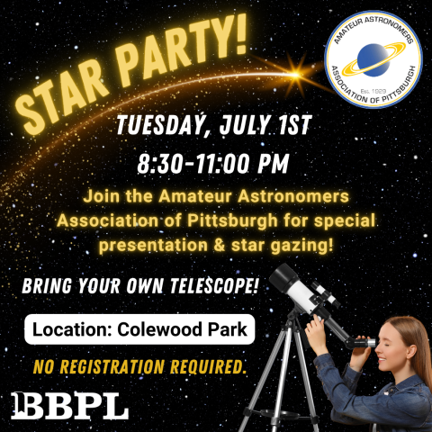 Star Party! July 1st 8:30-11:00pm No registration required. Location Colewood Park