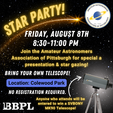 Star Party! August 8th 8:30-11:00pm No registration required.