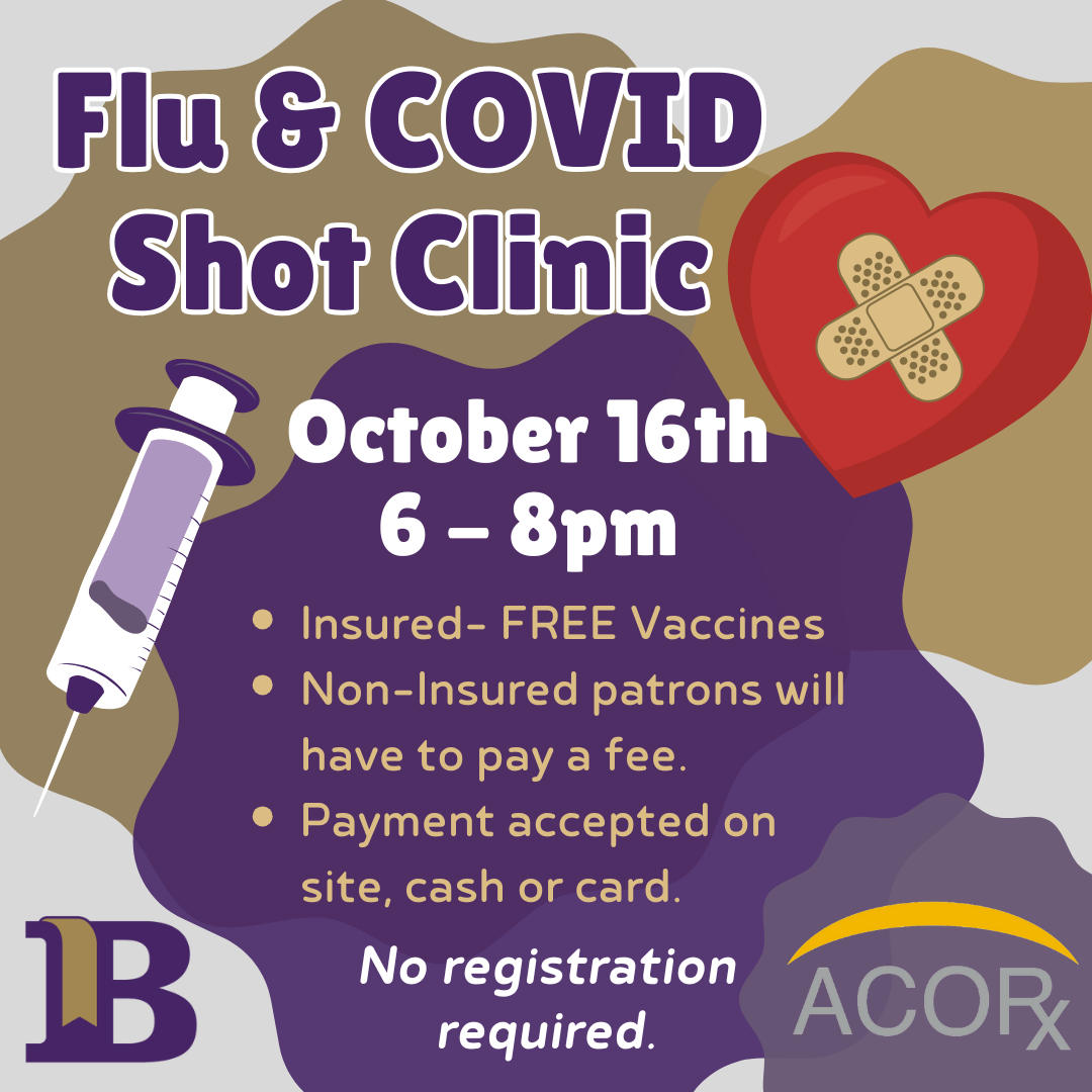 Flu & COVID Shot Clinic October 16th at 6:00pm No registration required.